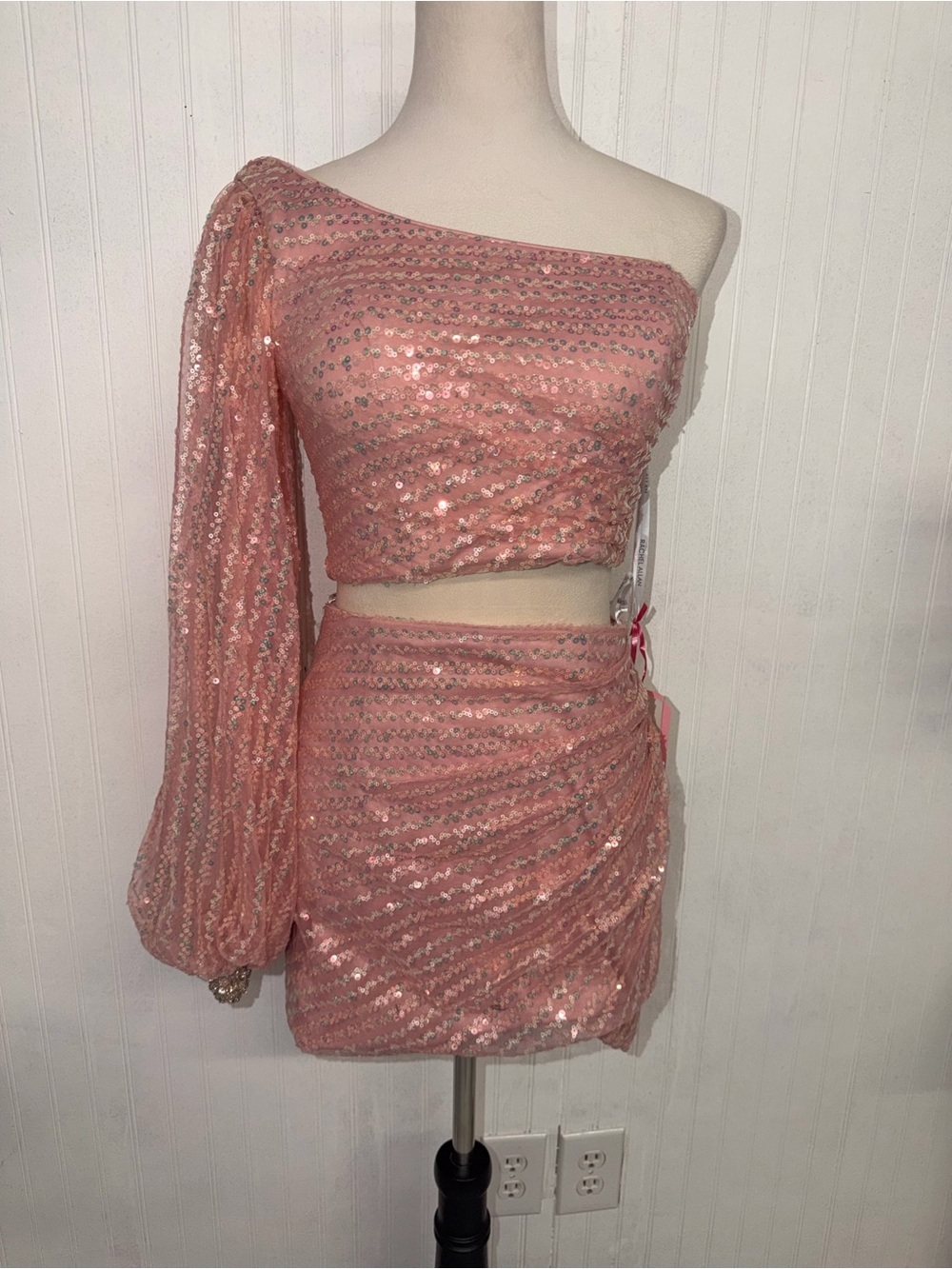 Rachel Allan Blush Sequin One-Shoulder Mini Set